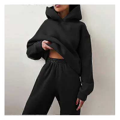 (L, Black) New Women's Fashion Solid Sets Warm Hoodie Sweatshirts And Long Pant Loose Ladies Spo