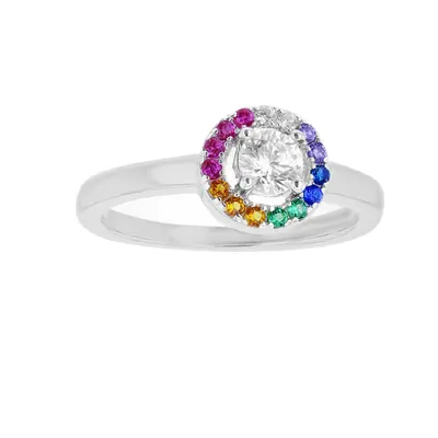 (N) Jewelco London Sterling Silver CZ Rainbow Halo Solitaire Engagement Ring 8mm - 8-86-0149