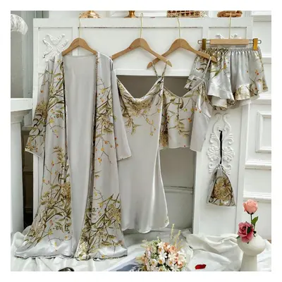 (grey, M) Women&apos;s Long Bathrobe Set Silk Spring Autumn Floral Print Ladies Dressing Gown Pi