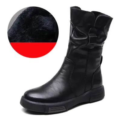 (black, 38-Plush) Johnature Mid-calf Boots Genuine Leather Versatile Retro Round Toe Women&apos;