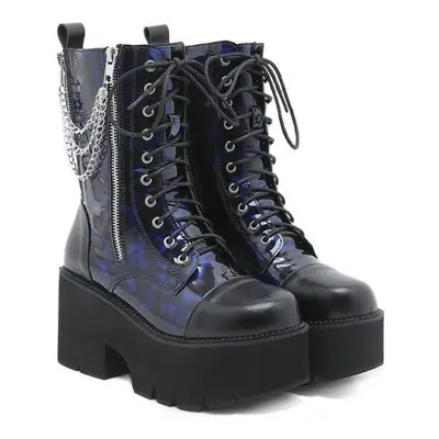 (blue, 43) Blue Chunky Platform Boots Women Mid Calf Combat Boots Chains Metal Decoration Gothic