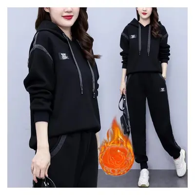 (warm black, XXXXL) Plus Size Women&apos;s Winter Plus Velvet Thick Hooded Denim Stitching Fashi