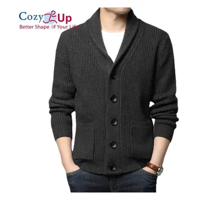 (dark grey, XL) Cozy Up Men&apos;s Lambswool Long-sleeve Shawl Collar Cardigan Sweater