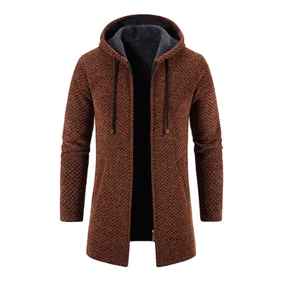 (brown, XL) Men&apos;s Medium Long Coat Hooded Plush Plaid Knitting Drawstring Coat Sweater Warm