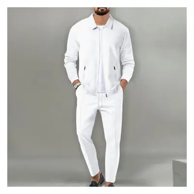 (white, L) Men&apos;s Casual Suit Long Sleeve Top And Pants Stylish Solid Color High Quality Sui