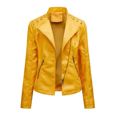 (yellow, S) Women Autumn Winter Turn Down Collar Long Sleeve Slim Thin Zipper Pu Leather Motorcy