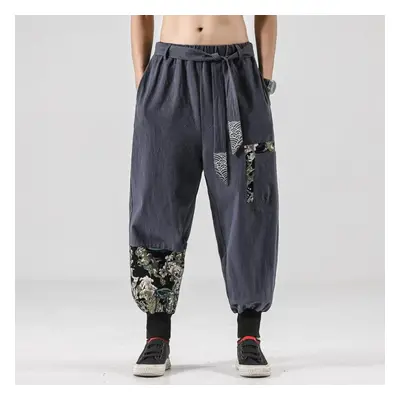 (grey, XXXL) Men Cotton Linen Samurai Costume Ukiyo-e Print Belt Retro Harem Pants Haori Baggy T