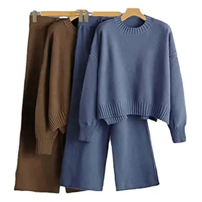 (blue) Autumn Winter Women Piece Wide Leg Pants Sets O Neck Sweaters Cashmere Knitted Tracksuits