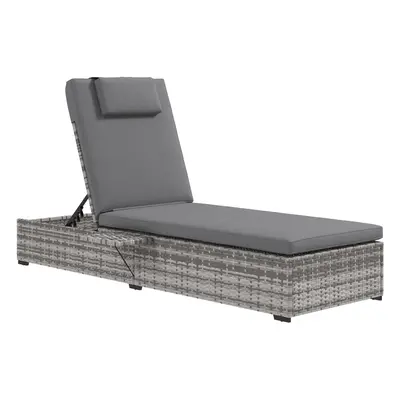 Outsunny Rattan Lounger w/ Cushion, 5-Level Reclining Rattan Sun Lounger, Grey