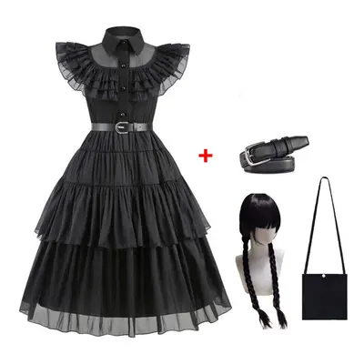 (Dress +Belt +Bag+Gloves+Wig, 4-5Y) Kids Girls Wednesday The Addams Family Costume Halloween Dre