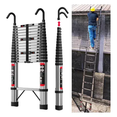 Telescopic Ladder 4.4M Stainless Steel Extension Ladder Loft Ladder with Detachable Hooks