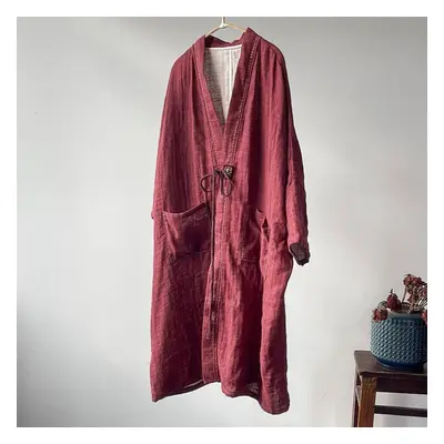 (red, One Size) Johnature Women Vintage Linen Autumn Trench Solid Color Coats Belt Patchwork Poc