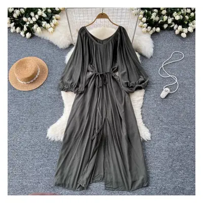 (dark grey, One Size) Elegant Gentle Lantern Sleeve Dresses Y2k Slim Waist Lace Up Dress For Wom