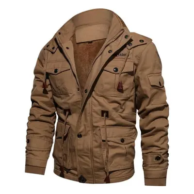 (khaki, M) Men&apos;s Winter Fleece Jackets Warm Hooded Coat Thermal Thick Outerwear Men Militar