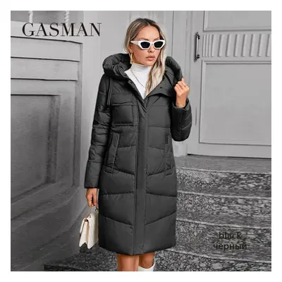 (black, XL) Gasman Women Down Jacket Long Classic Zipper Design Big Pocket Stand Collar Hooded S