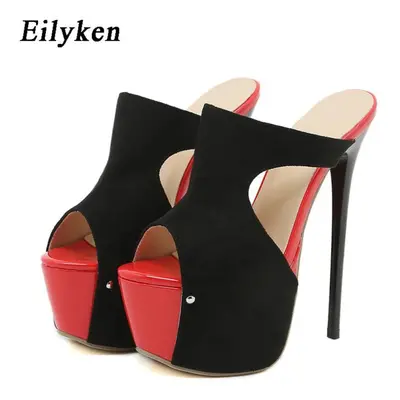 (black, 42) Eilyken Summer Thin Heels Platform Slippers Hollow Out Women&apos;s Chunky Peep Toe 