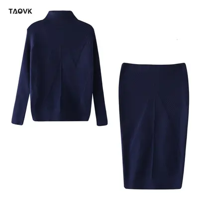 (navy blue, One Size) Taovk Women&apos;s Knitted Skirts Sets Office Lady Solid Color Turtleneck 