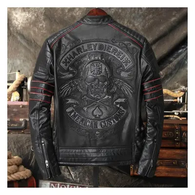 (black, XL) Embroidery Skull Motorcycle Genuine Leather Jackets Natural Cowhide Moto Biker Leath