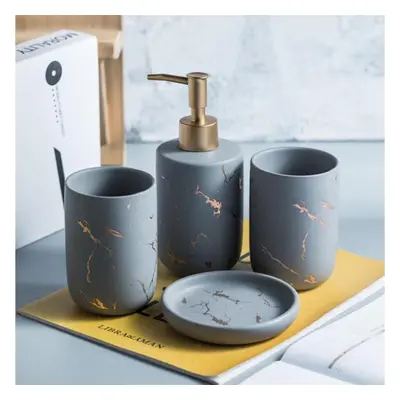 (grey, 4pcs) Scandinavian Bathroom Accessories Set Marble Toothbrush Cup With Two Rinse Cups Soa