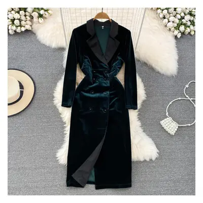 (green, S) High Quality Autumn Winter Women Vintage Hepburn Velvet Party Dress Fashion Notched B