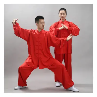 (red, XL) 2pcs/set Unisex Button Placket Shirt Loose Solid Color Chinese Traditional Tai Chi Sui