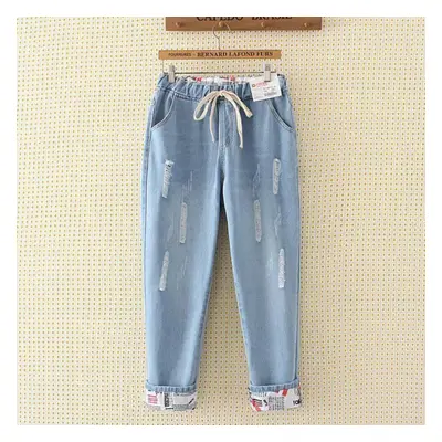 (light blue, L) Women Spring And Autumn Large Size High Waist Casual Trousers Loose Hole Jeans D