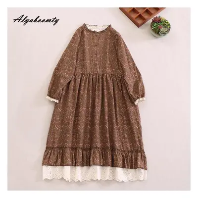 (brown, One Size) Mori Girl Spring Autumn Women Retro Dress Stand Collar Blue Apricot Coffee Flo