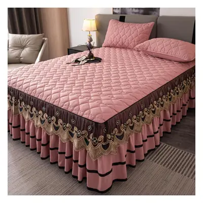 (dark pink, 200*220cm) Cotton Thickened Princess Style Lace Bed Skirt Three Pieces Set 1.8m/1.5m