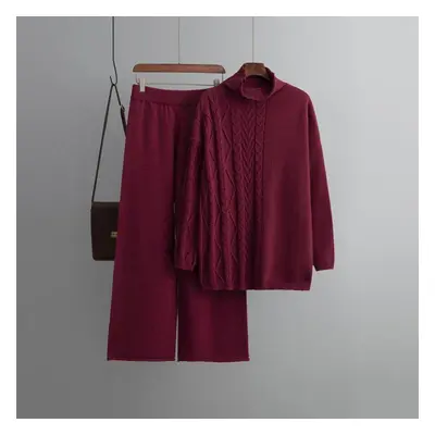 (rose red, OneSize) Autumn Winter Oversized High Neck Long Sleeve Solid Color Casual Set Women S