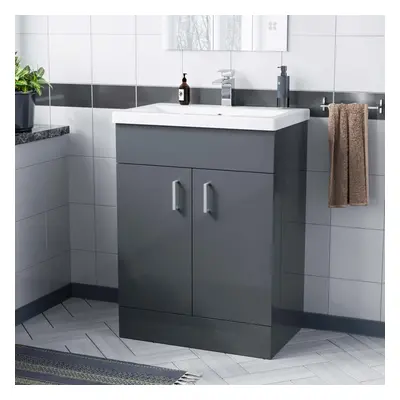 Nes Home Bathroom 600mm Grey Basin Sink Vanity Cabinet Unit Floor Standing