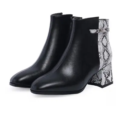 (black, 36) Snake Print Thick High Heels Women Boots Pu Square Toe Footwear Ankle Female Boot Sh