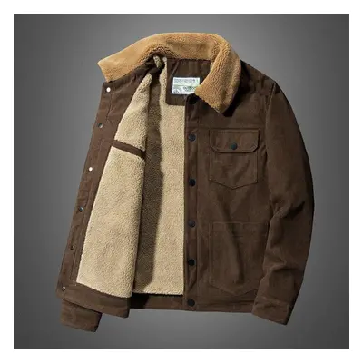 (coffee, L) Men Loosejacket Fleece Thick Jackets Male Casual Overcoat Multi-pocket Solid Color W