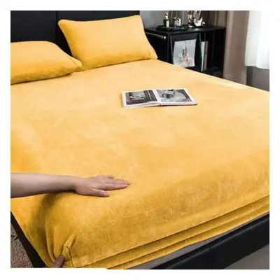 (yellow, Bed sheet (150x200x25cm)) Tafu Velvet Fitted Sheet Thick Winter 3D Cut And Plush Milk V