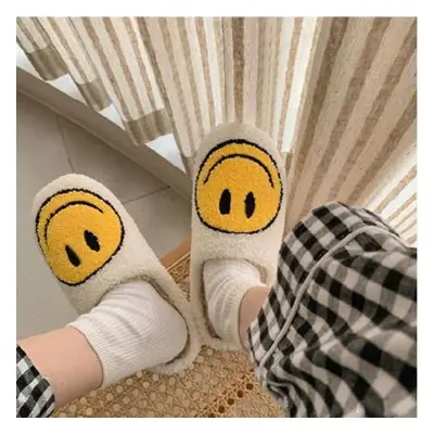 (white,yellow, 44-45) Cute Smile Face Slippers, Retro Soft Plush Furry Fluffy Indoor Outdoor Sho