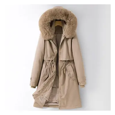 (khaki, XXXL) Autumn And Winter Women&apos;s Solid Color Hooded Waist Mid-length Detachable Line