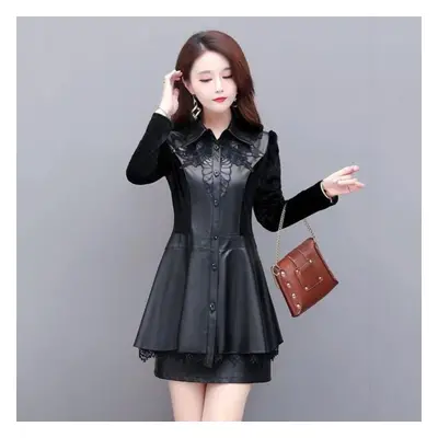 (as the picture, L) Fashion New Lace Mid-length Splicing Leather Shirt Women&apos;s Coat Single-