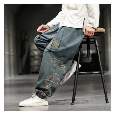 (green, XXL) Chinese Style Retro Auspicious Clouds Print Pants Men Clothing Autumn Fashion Cloth