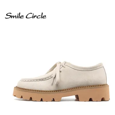 (white, 38) Cow Suede Chunky Women Shoes Round Toe Lace Up Thick Shoes Fashion Casual Women Flat