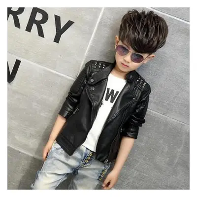 (black, 140) Boys Coat Children&apos;s Pu Jacket Kid Outwear Solid Long Sleeve Casual Motorcycle