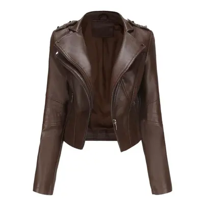 (brown, M) Women's Jackets Rivets Faux Leather Lapel Zipper Bomber Jacket Short Slim Fit Motorcy