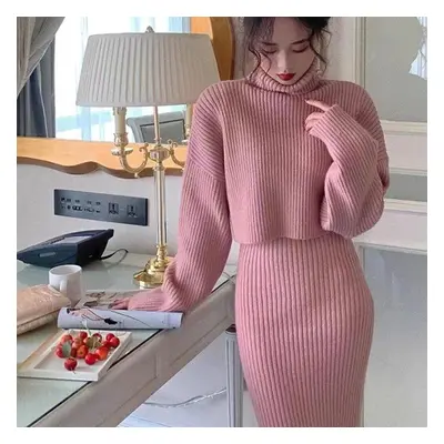 (pink, One size) Autumn Winter New Women Two-piece Set Korean Fashion Long Bodycon Knitted Sweat