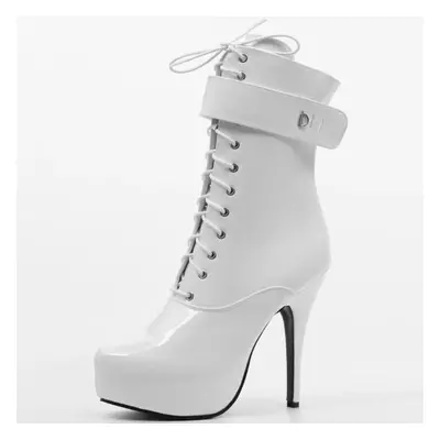 (white, 45) Jialuowei 15cm High Heel Lace Up Platform Lockable Strap Sexy Women Ankle Boots Size