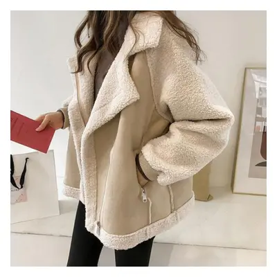 (apricot, XXL) S-4xl Autumn And Winter New Coat Women Wild Loose Suede Short Lamb Velvet Motorcy