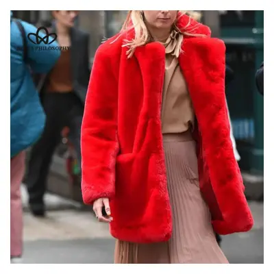 (red, M) Long Fashion Fur Plush Warm Elegant Casual Loose Coat Winter Thickened Lapel Fluffy Coa