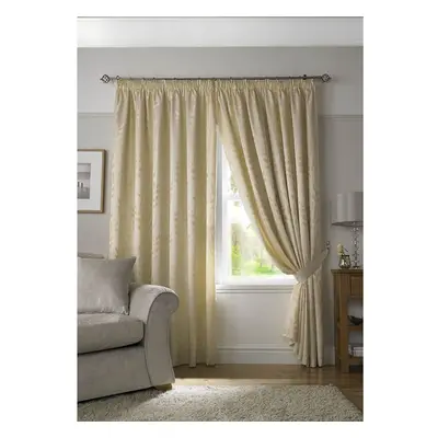 Tivoli, Cream Lined Curtains, Trailing Leave Floral Jacquard Design, Ready Made Pencil Pleat Cur