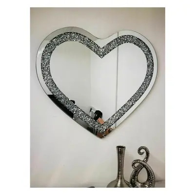 Love Heart Shaped Wall Mirror Sparkly Silver Diamond Crushed Crystal