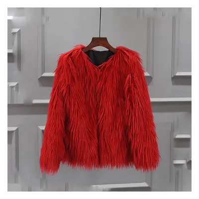 (S, Red) Furry Fur Coat Women Fluffy Warm Long Sleeve Outerwear Autumn Winter C