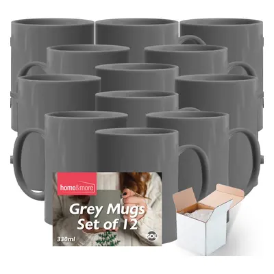 (12 MUGS) GREY Mugs 330ml Ceramic Coffee Tea + Boxes