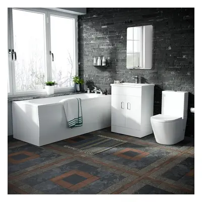 Basin Vanity Unit & Close Coupled WC Toilet with Straight Edge Bath Suite