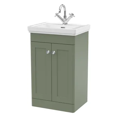 Traditional Floor Standing Door Vanity Unit with Tap Hole Fireclay Basin, 500mm - Satin Green